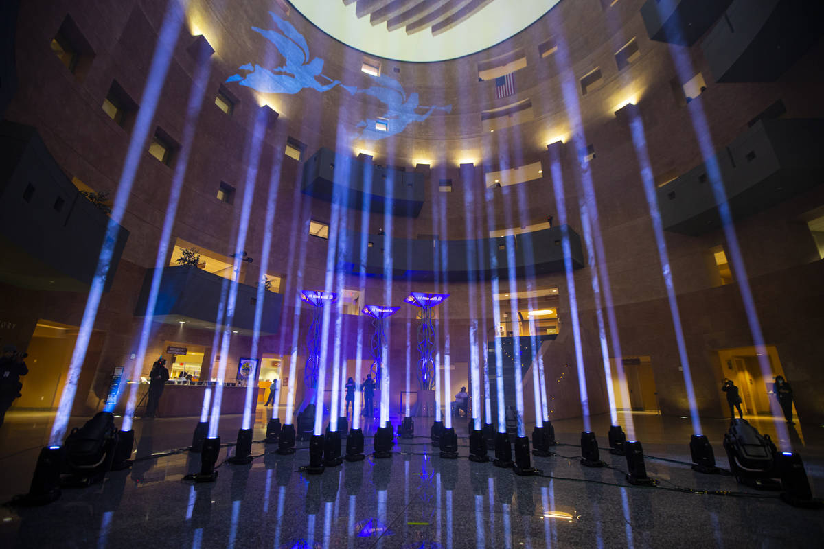 Twenty-nine lights illuminate the rotunda at the Clark County Government Center as part of a re ...