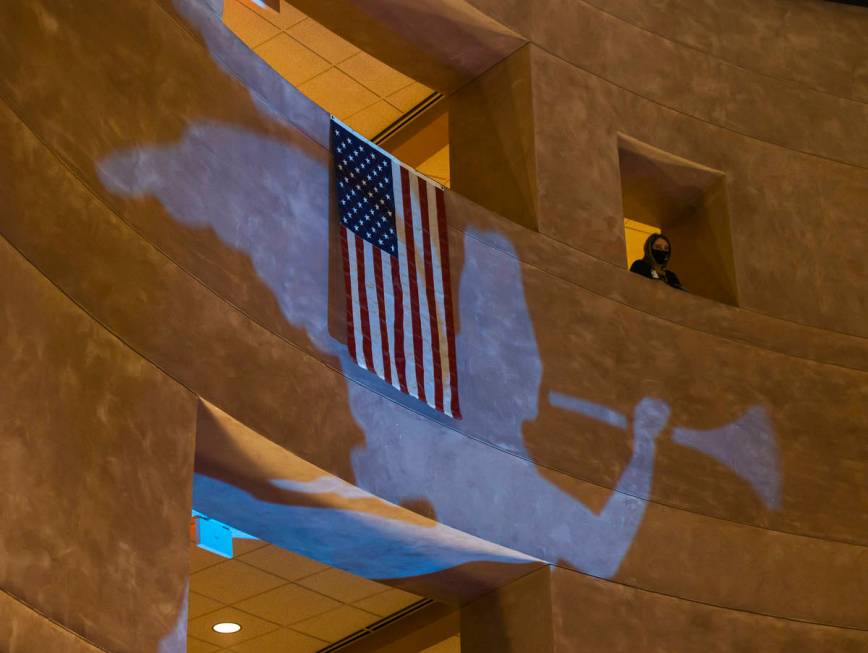Projections of angels are beamed inside rotunda at the Clark County Government Center along wit ...