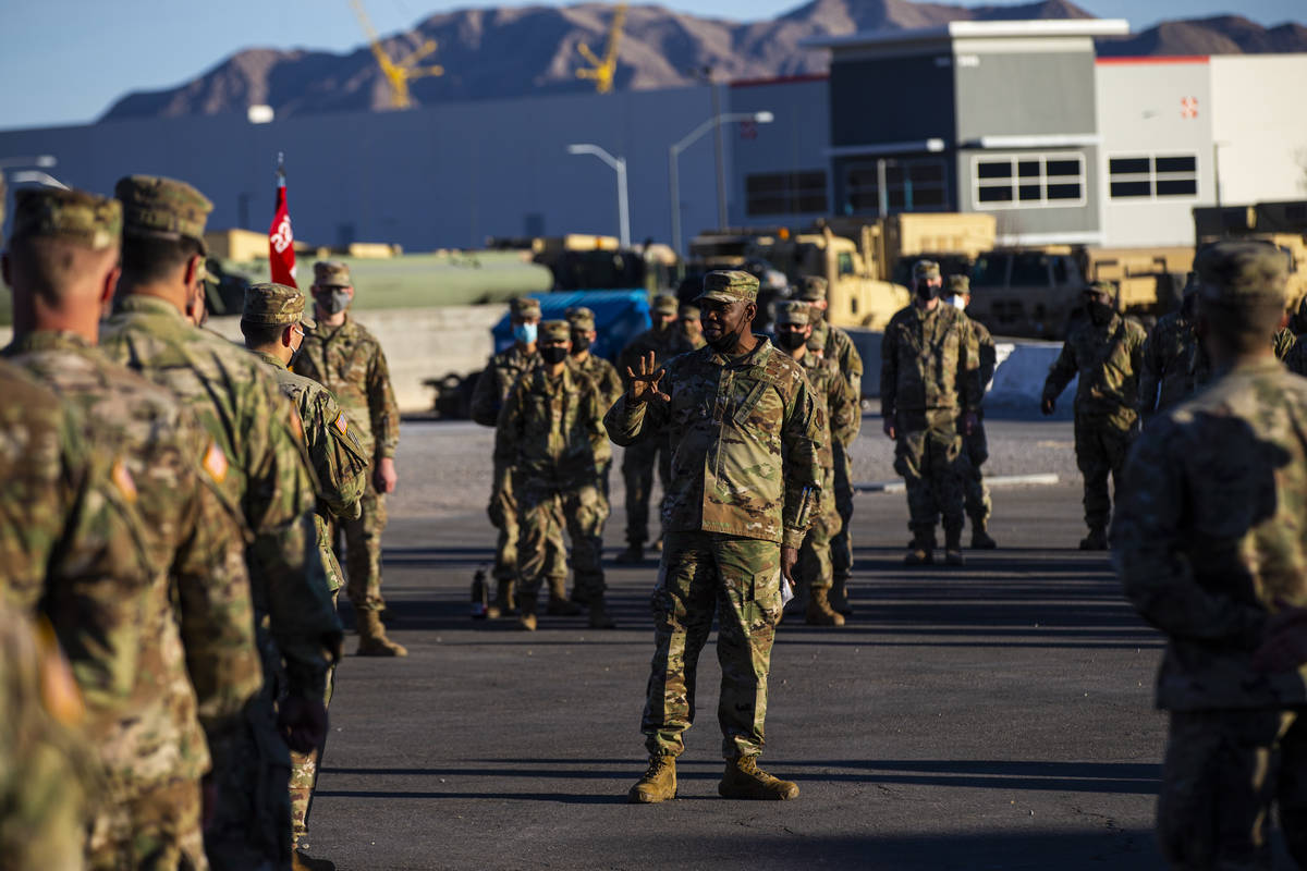 Maj. Gen. Ondra Berry addresses members of the Nevada Army Guard on Thursday, Jan. 14, 2021, as ...