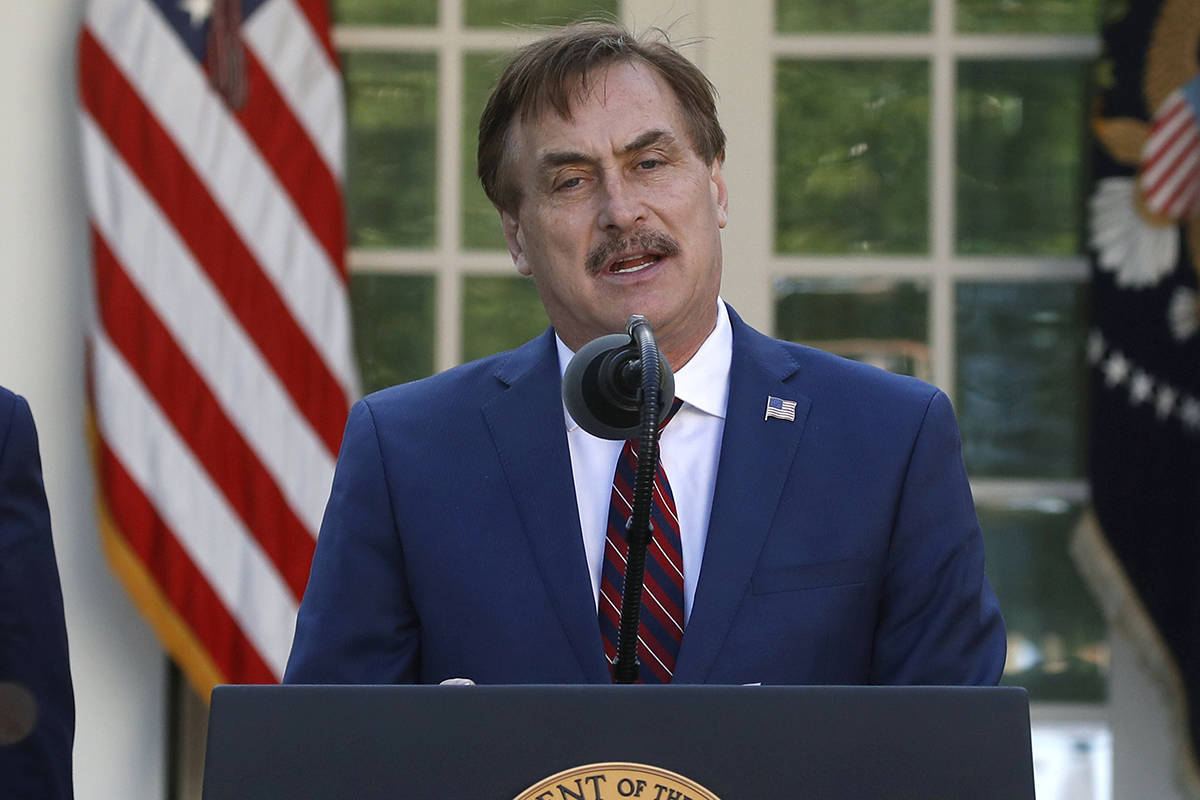 In this March 30, 2020 file photo, My Pillow CEO Mike Lindell speaks about the coronavirus in t ...