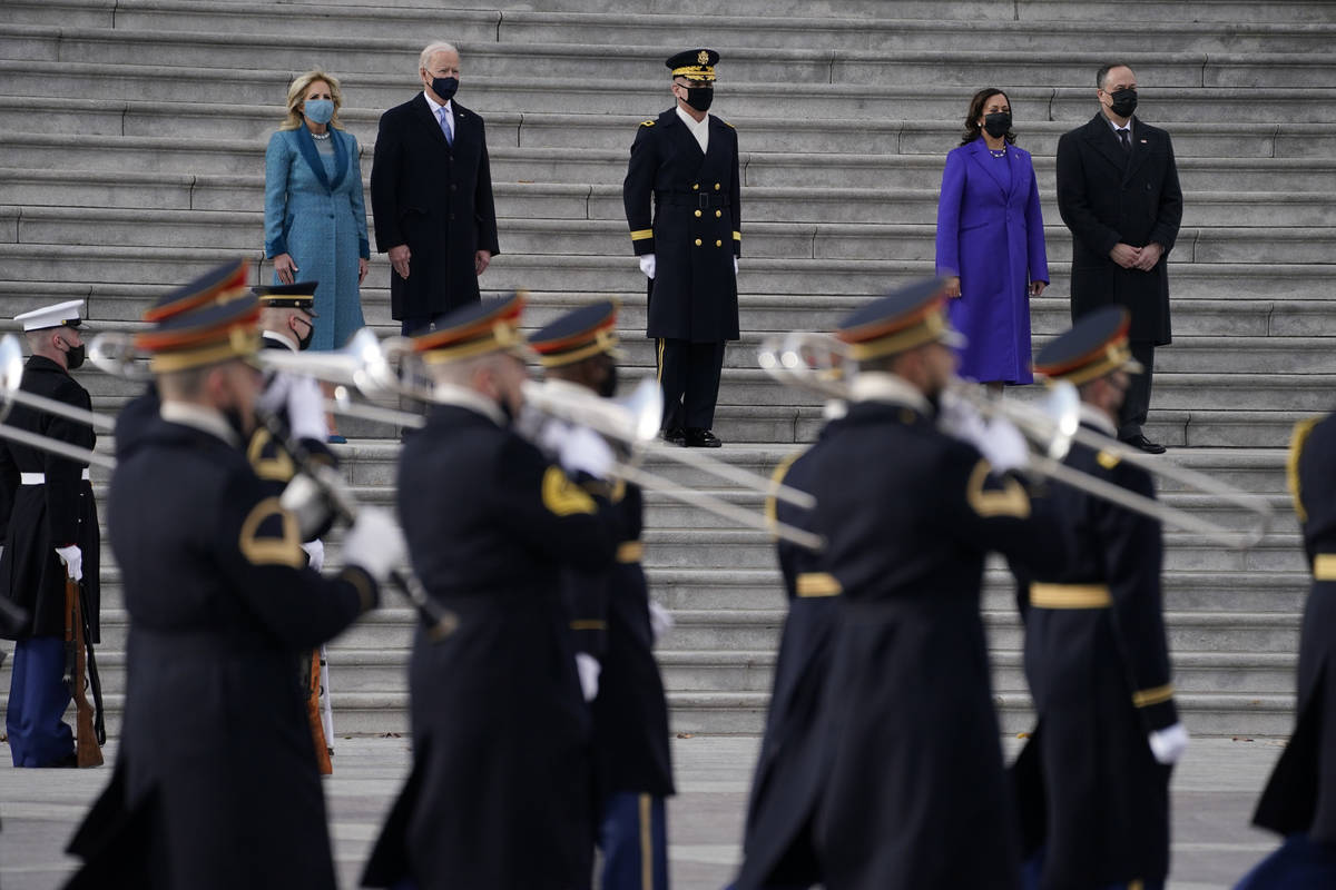 From left, first lady Jill Biden, President Joe Biden, Vice President Kamala Harris and her hus ...