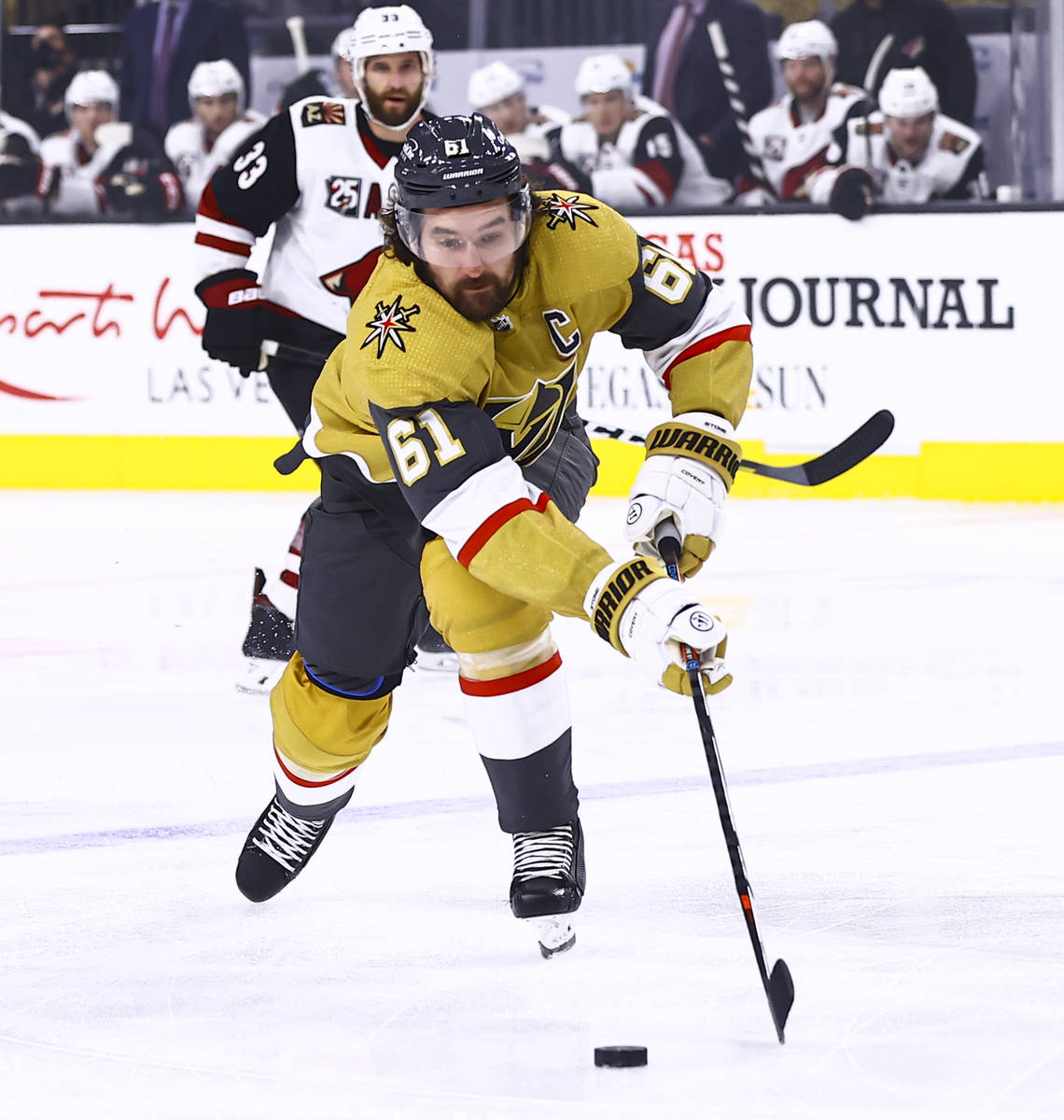 Golden Knights right wing Mark Stone (61) skates after the puck during the first period of an N ...
