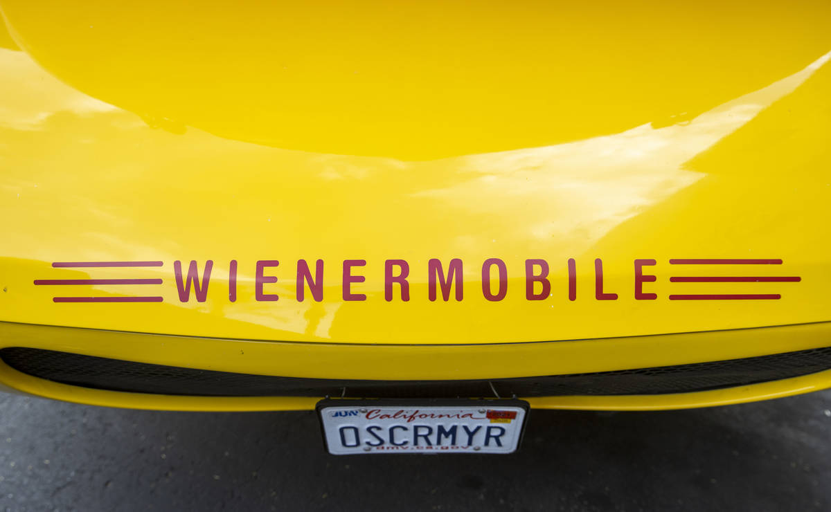 Custom wording can be seen on the bumper of the Oscar Mayer Wienermobile, which visited Henders ...