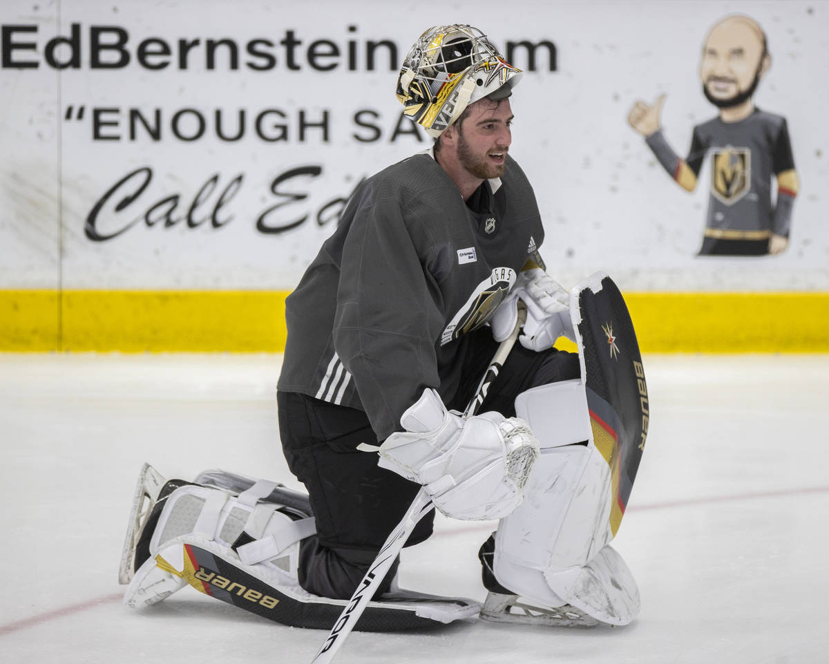 Golden Knights goaltender Logan Thompson (36) participates in practice at City National Arena o ...