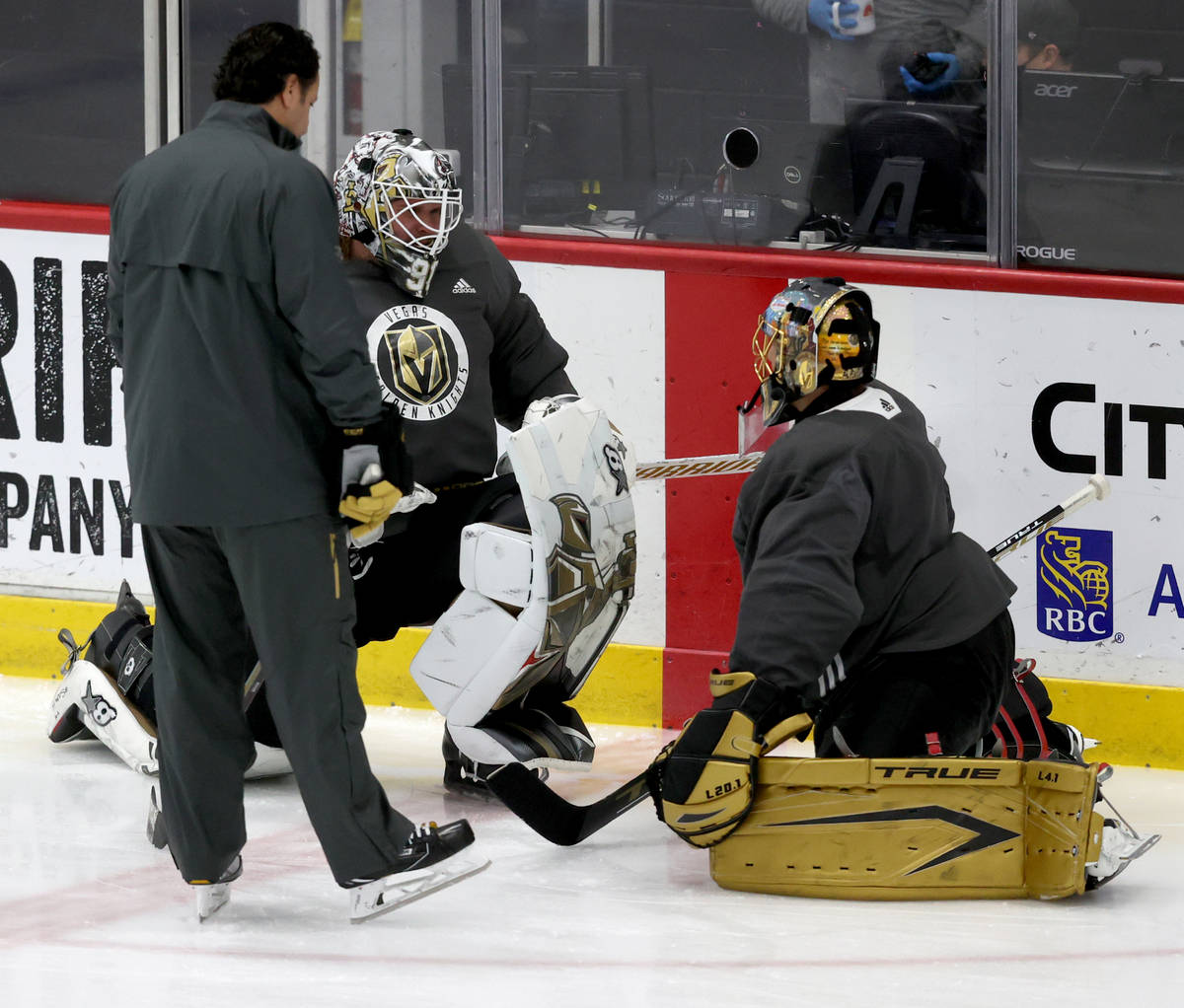 Golden Knights goaltenders Robin Lehner, left, and Marc-Andre Fleury on the first day of traini ...