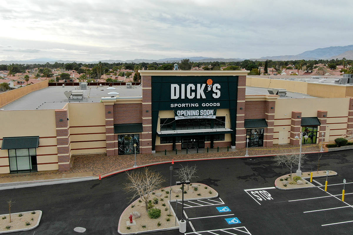 An aerial photo of Dick's Sporting Goods store at Crossroads Commons, a Las Vegas strip mall at ...
