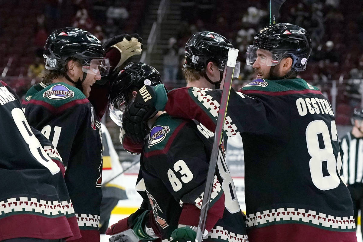Arizona Coyotes right wing Conor Garland (83) celebrates his goal against the Vegas Golden Knig ...