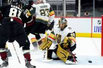 Vegas Golden Knights center William Karlsson (71) celebrates with center Jonathan Marchessault ...