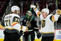 Vegas Golden Knights center William Karlsson (71) celebrates with center Jonathan Marchessault ...