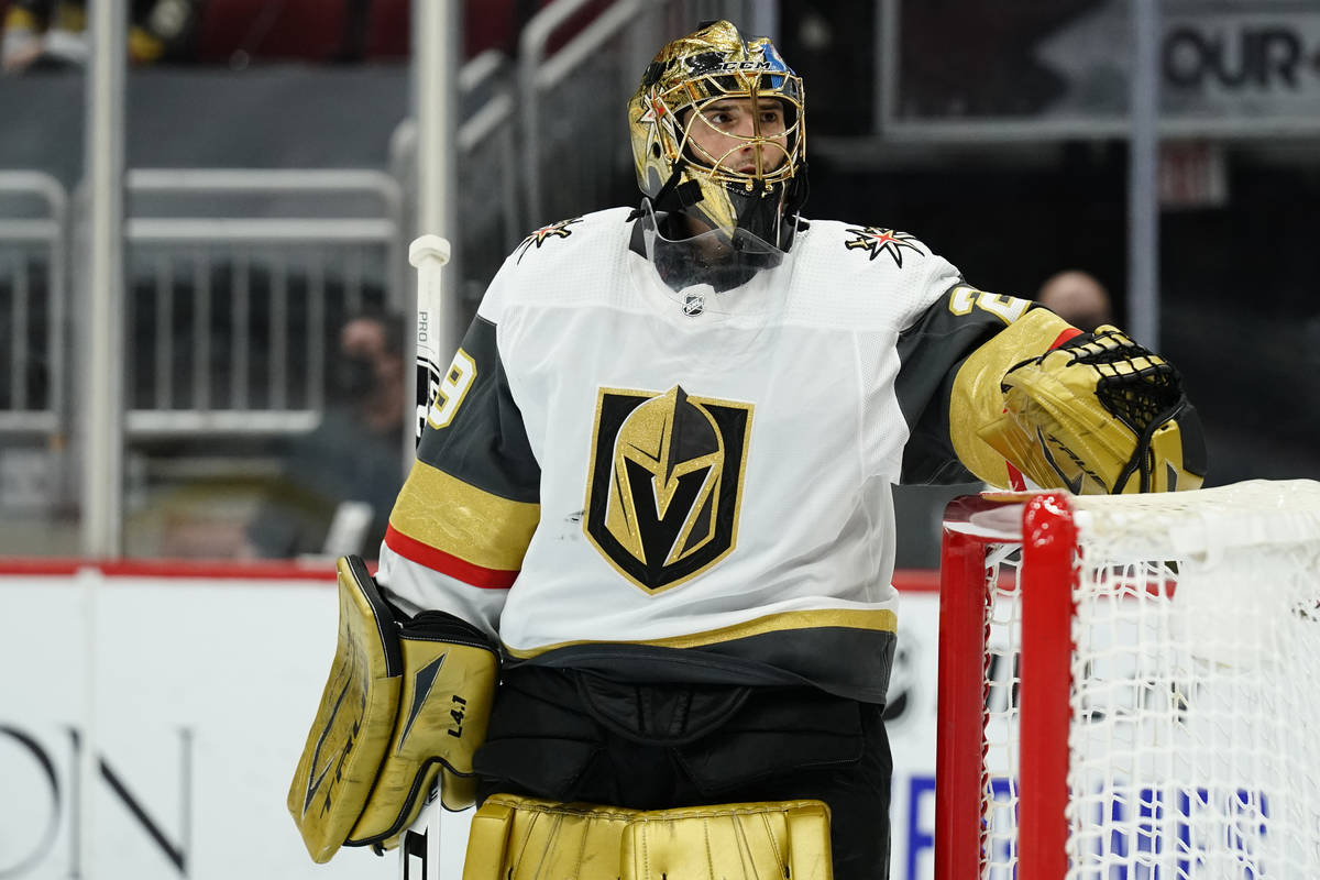 Vegas Golden Knights goaltender Marc-Andre Fleury (29) in the second period during an NHL hocke ...