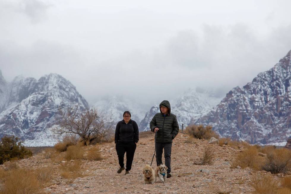 Leah Rivera, Richard Rivera and their two dogs, Mochi and Oakley, enjoy the winter weather at R ...