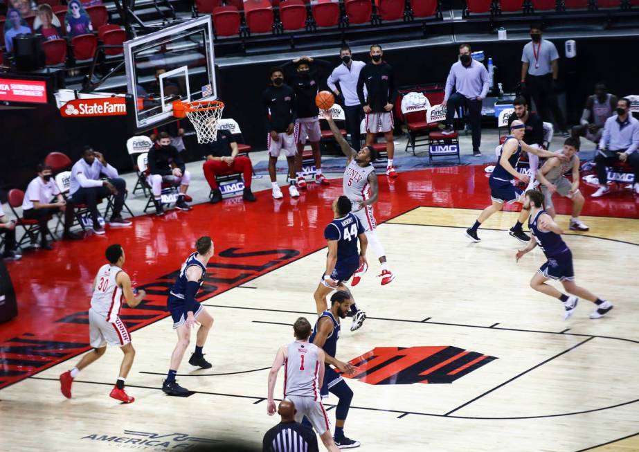 UNLV Rebels guard David Jenkins Jr. (5) shoots against the Utah State Aggies during the second ...