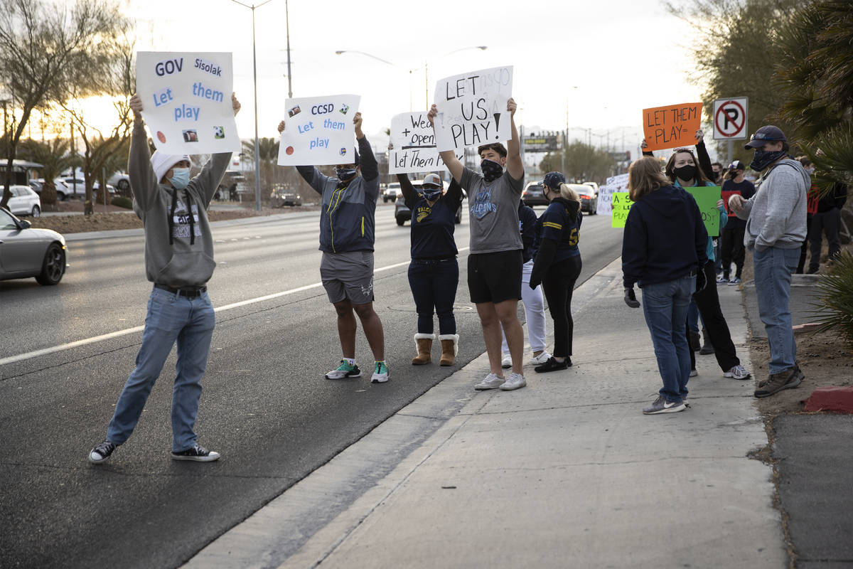 People protest Clark County School District's decision to cancel winter and fall sports seasons ...