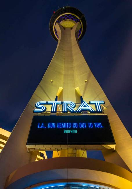 The Strat displays a memorial on their marquee to Kobe Bryant following his surprise death due ...