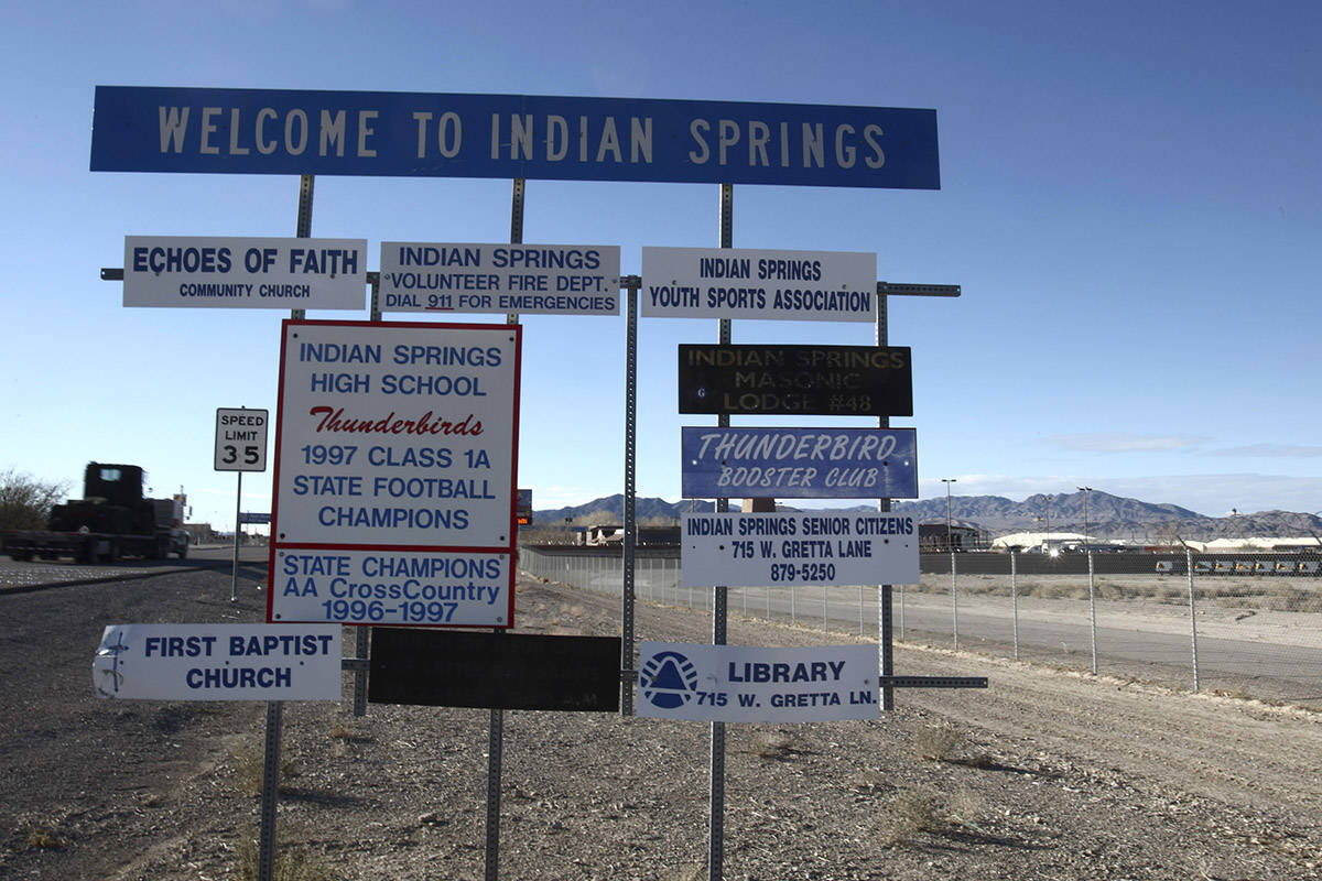 A sign along U.S. Highway 95 welcomes travelers to Indian Springs. (Las Vegas Review-Journal file)