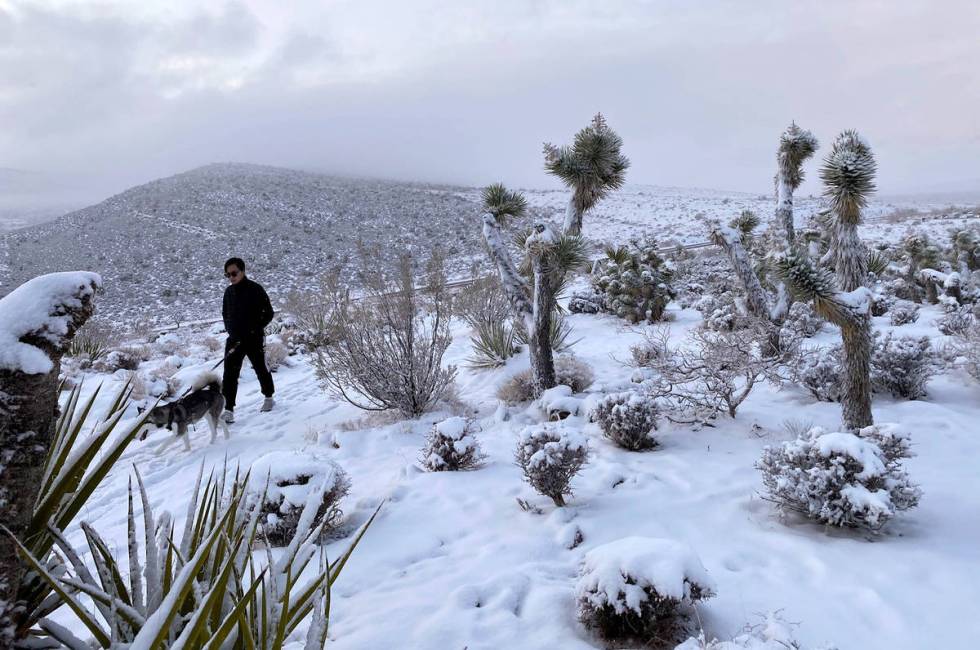 A visitor walks along a snowy path atop the lookout at Red Rock Conservation Area, Tuesday, Jan ...