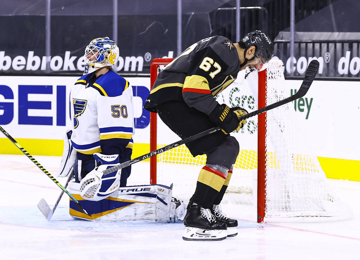 Golden Knights left wing Max Pacioretty (67) celebrates his goal against St. Louis Blues goalte ...