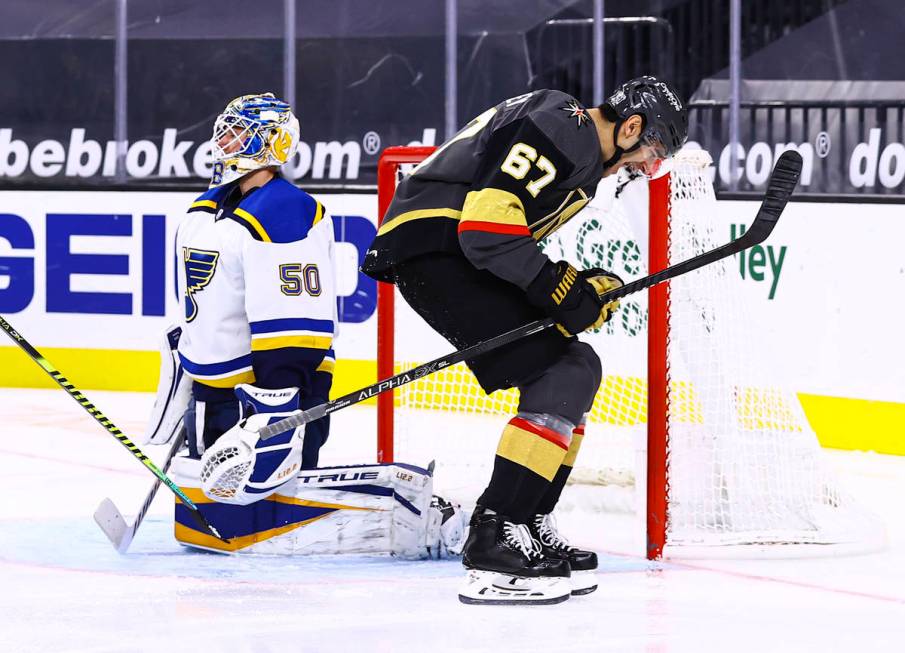 Golden Knights left wing Max Pacioretty (67) celebrates his goal against St. Louis Blues goalte ...