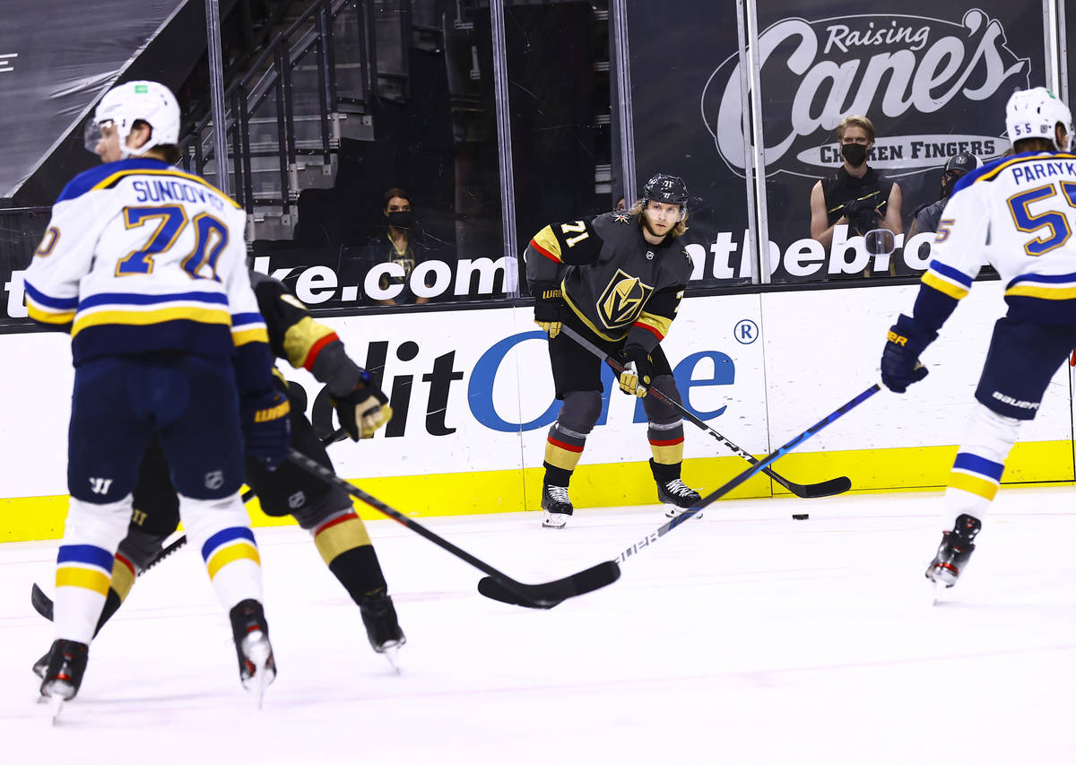 Golden Knights center William Karlsson (71) looks to pass the puck during the second period of ...