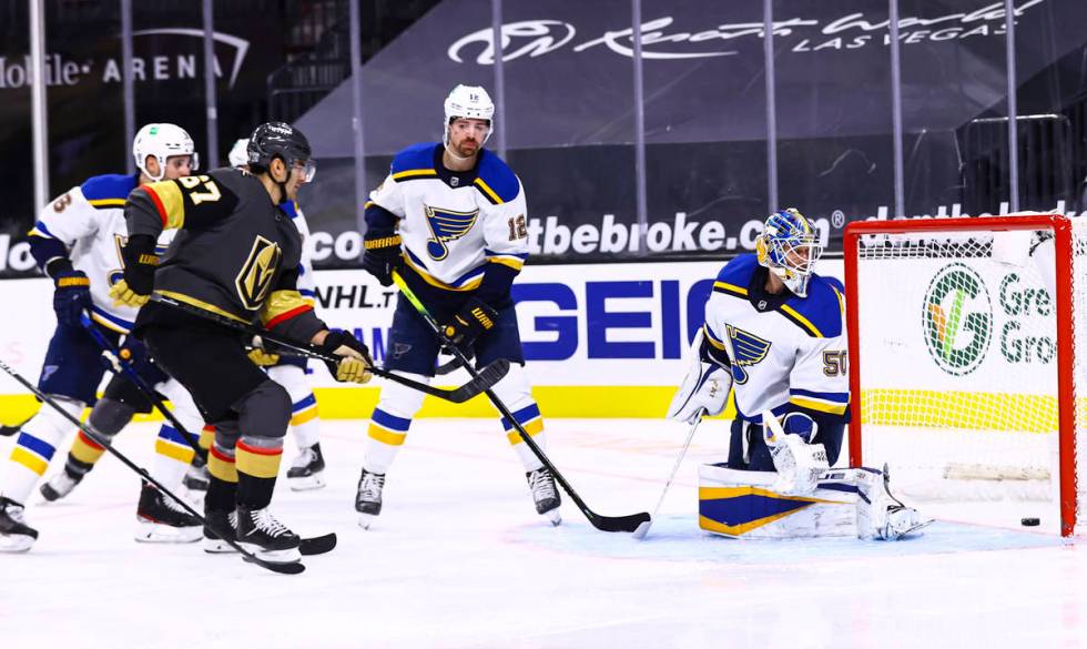 Golden Knights left wing Max Pacioretty (67) scores against St. Louis Blues goaltender Jordan B ...