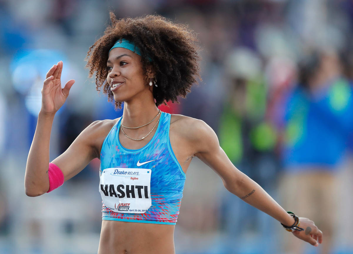 Vashti Cunningham waves to the crowd after winning the women's special high jump at the Drake R ...
