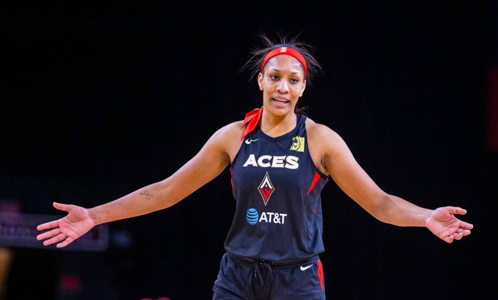 Las Vegas Aces center A'ja Wilson (22) is pleased with her performance over the Indiana Fever d ...