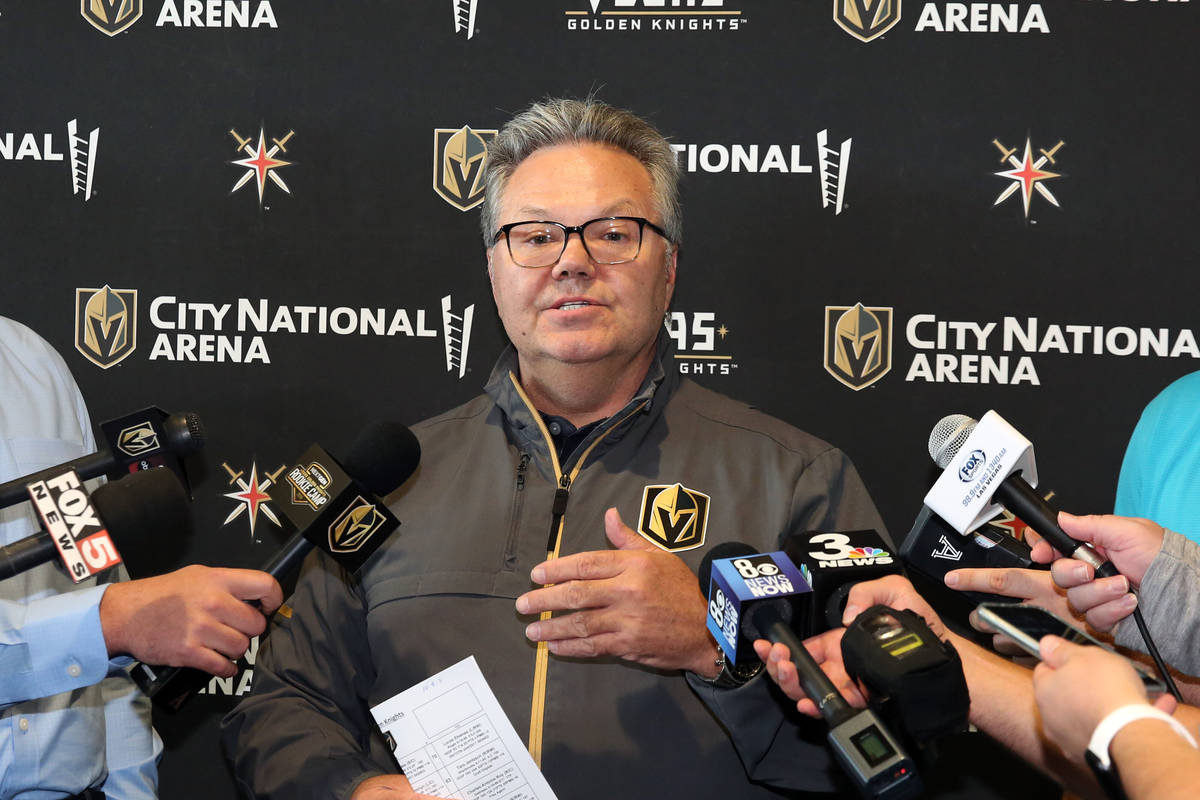 Kelly McCrimmon, Golden Knights general manager, speaks to the media at City National Arena on ...