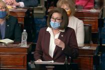 In this image from video, Sen. Catherine Cortez Masto, D-Nev., speaks as the Senate reconvenes ...