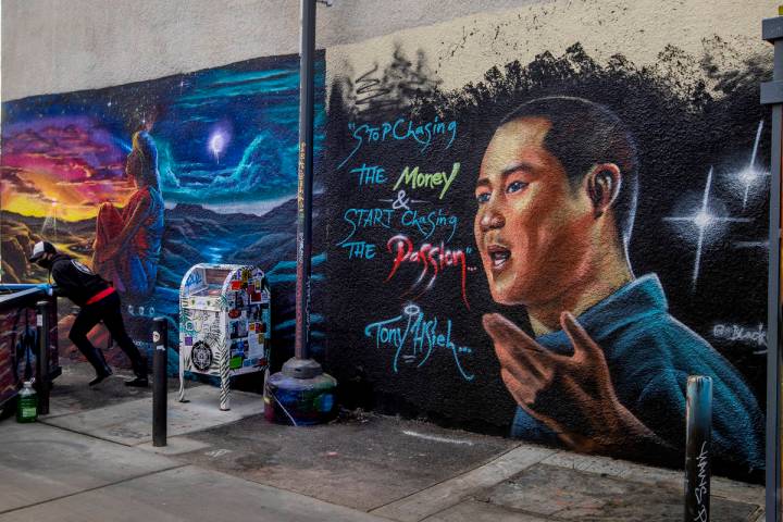 A mural dedicated to Tony Hsieh in the DT Alley near Fremont and Sixth streets in downtown Las ...