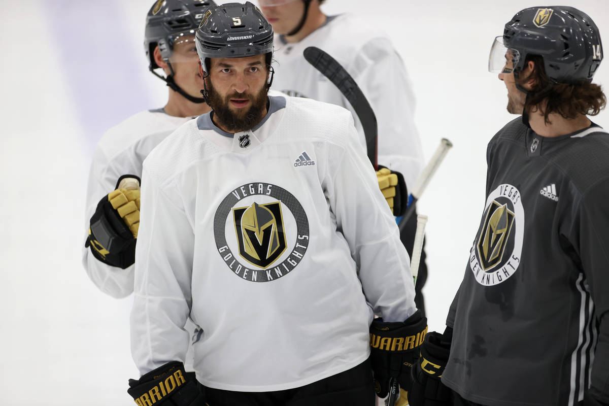 Vegas Golden Knights defenseman Deryk Engelland (5) during a team practice at City National Are ...