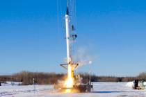 This Jan. 31, 2021 image provided by bluShift Aerospace shows an unmanned rocket lifting off in ...
