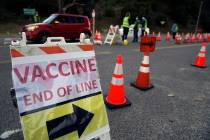 Drivers with a vaccine appointment enter a mega COVID-19 vaccination site set up in the parking ...