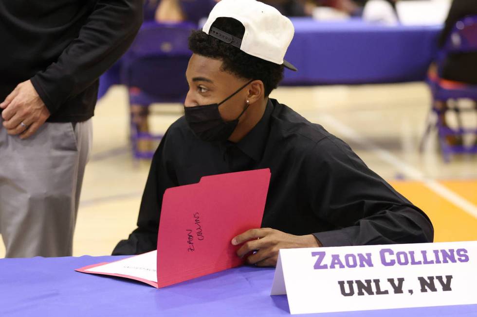 UNLV basketball commit Zaon Collins participates during a Signing Day ceremony at Bishop Gorman ...