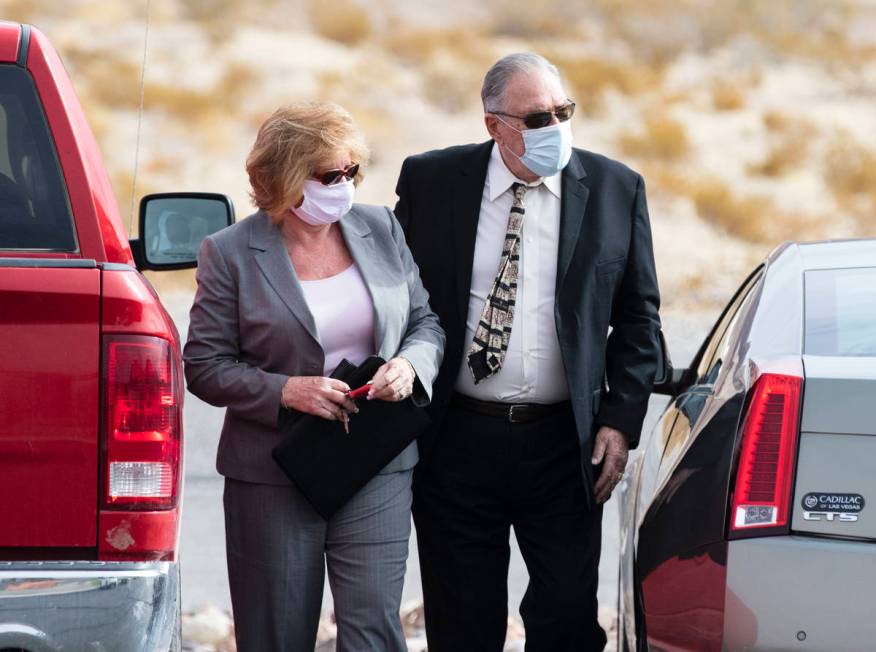 Patricia, left, and her husband Marcel Chappuis arrive at Beatty Justice Court for their hearin ...