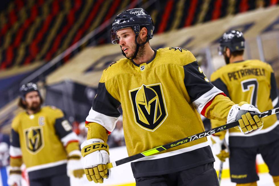 Golden Knights defenseman Brayden McNabb (3) looks on during the first period of an NHL hockey ...