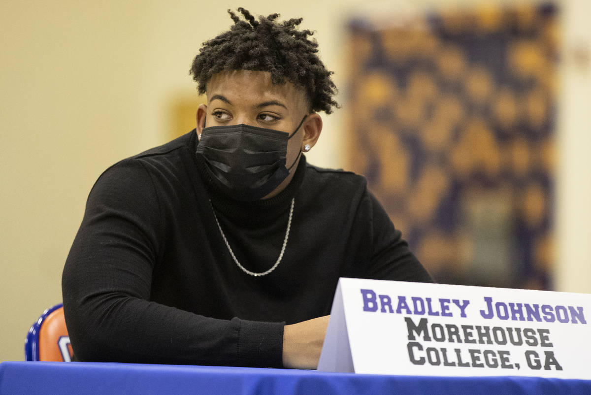 Football player Bradley Johnson, a Morehouse Collge commit, participates during a Signing day c ...