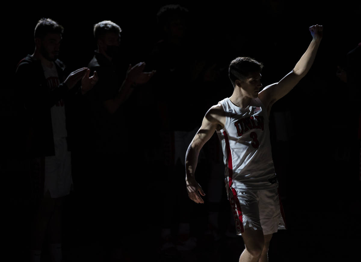UNLV Rebels guard Caleb Grill (3) salutes the crowd before the start of an NCAA mens basketball ...