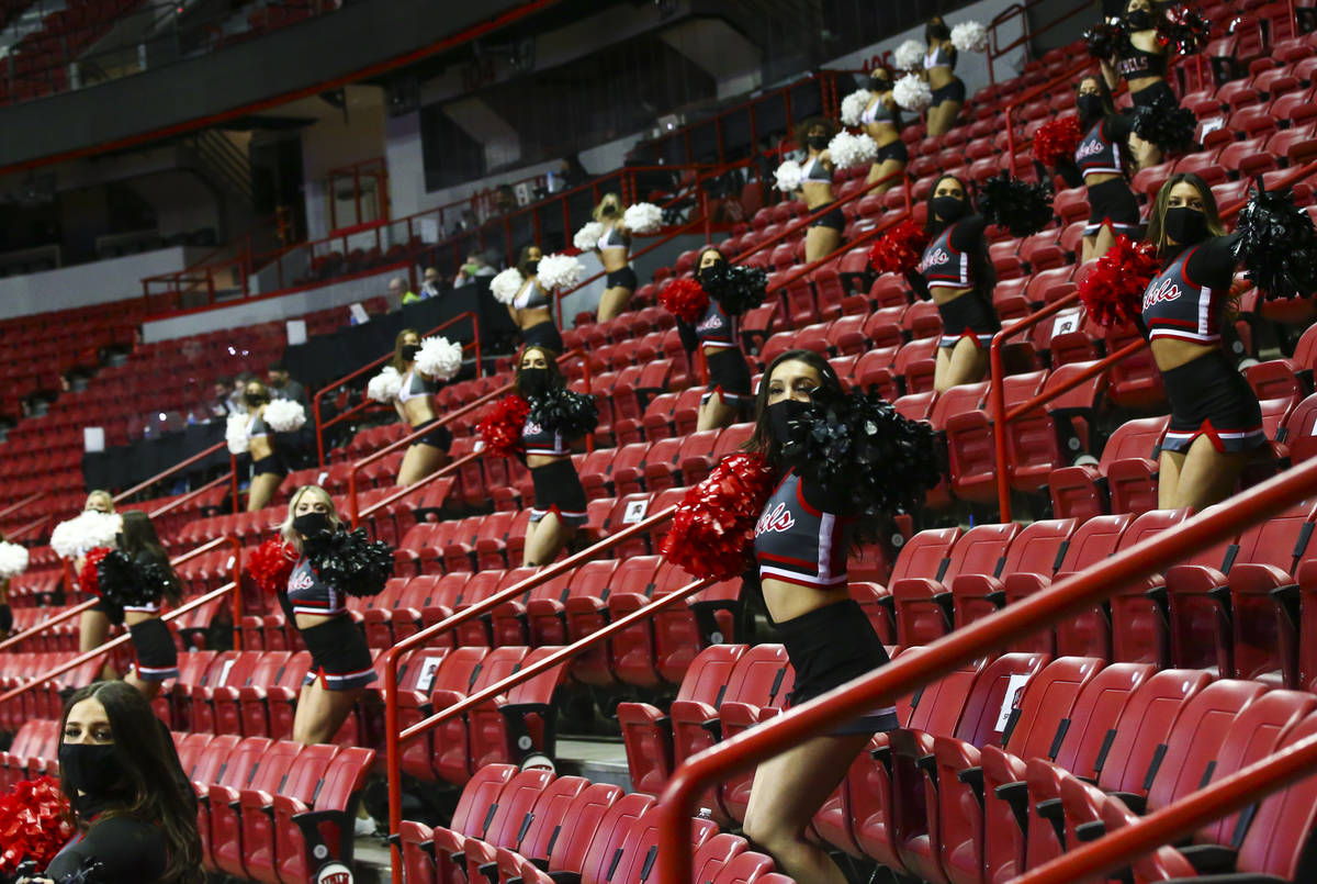 UNLV cheerleaders perform during the second half of a basketball game against the Air Force Fal ...