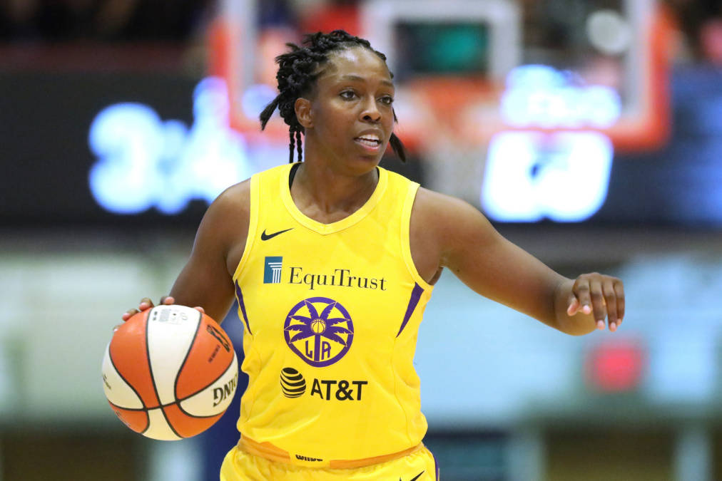 Los Angeles Sparks Chelsea Gray #12 in action against the New York Liberty during a WNBA basket ...