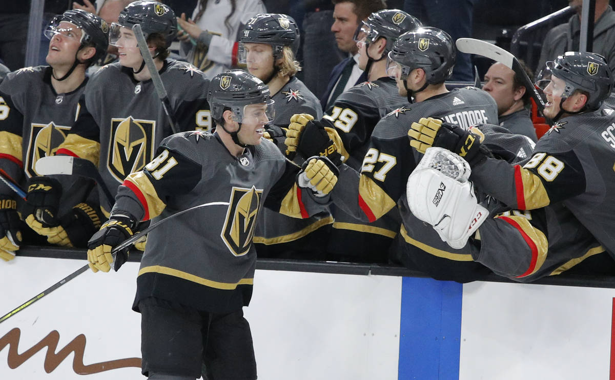 Vegas Golden Knights center Jonathan Marchessault (81) celebrates after scoring against the Ana ...