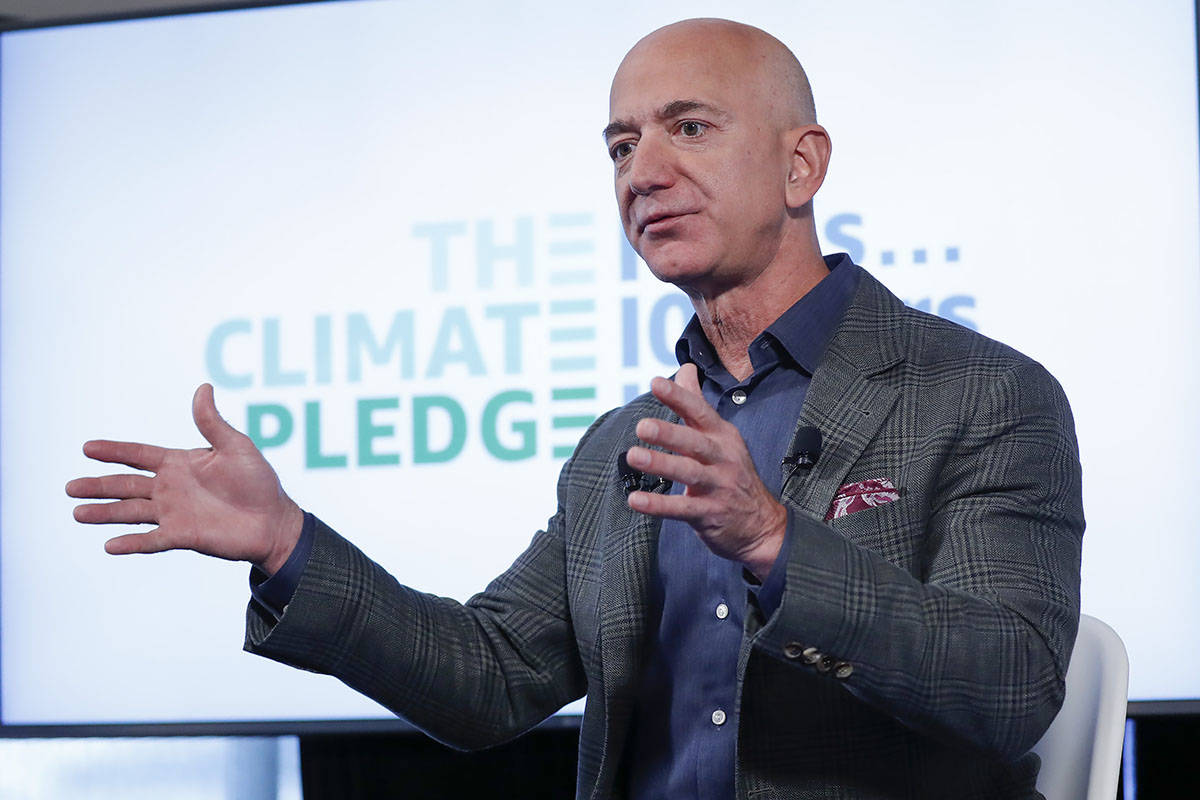This Sept. 19, 2019 photo shows Amazon CEO Jeff Bezos arriving to a news conference at the Nati ...
