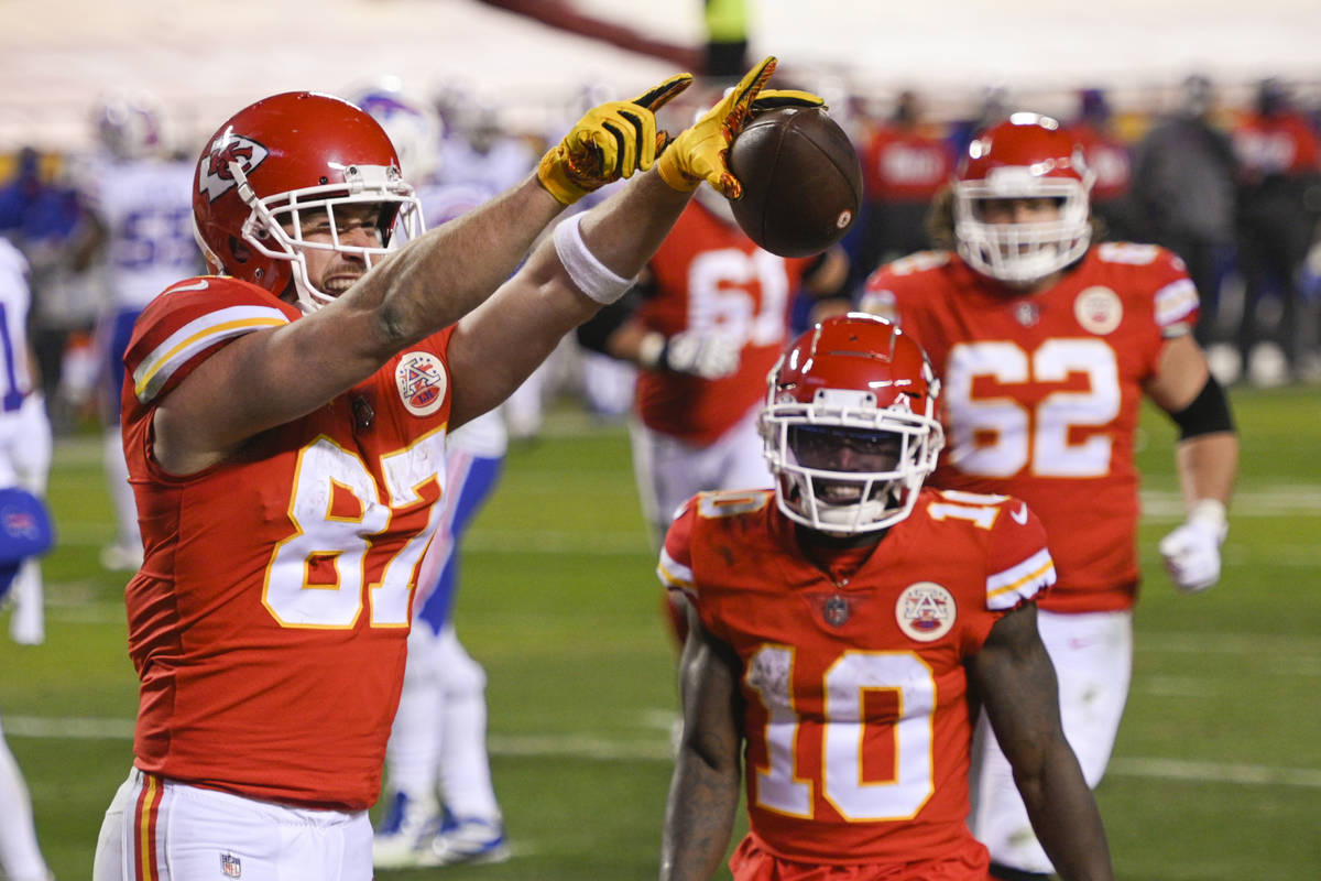 Kansas City Chiefs tight end Travis Kelce celebrates after scoring a touchdown against the Buff ...