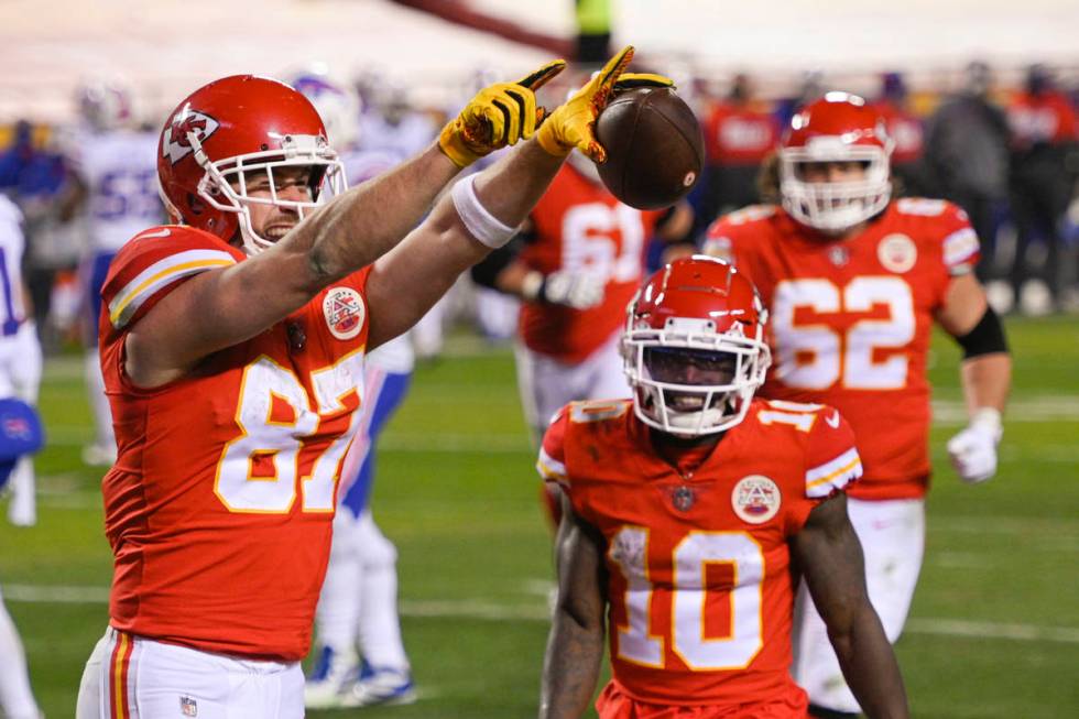 Kansas City Chiefs tight end Travis Kelce celebrates after scoring a touchdown against the Buff ...