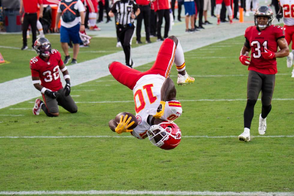 In this Nov. 29, 2020 file photo, Kansas City Chiefs wide receiver Tyreek Hill (10) does a back ...