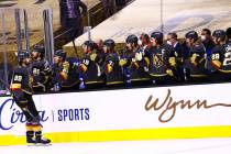 Golden Knights right wing Alex Tuch (89) celebrates his goal against the St. Louis Blues during ...
