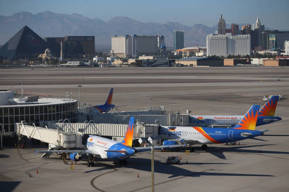 Allegiant Air airplanes in Terminal 1 of McCarran International Airport in Las Vegas, Tuesday, ...