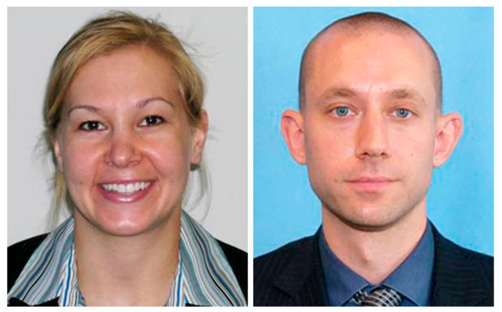 These photo released by the FBI show agents Laura Schwartzenberger, left, and FBI agent Daniel ...