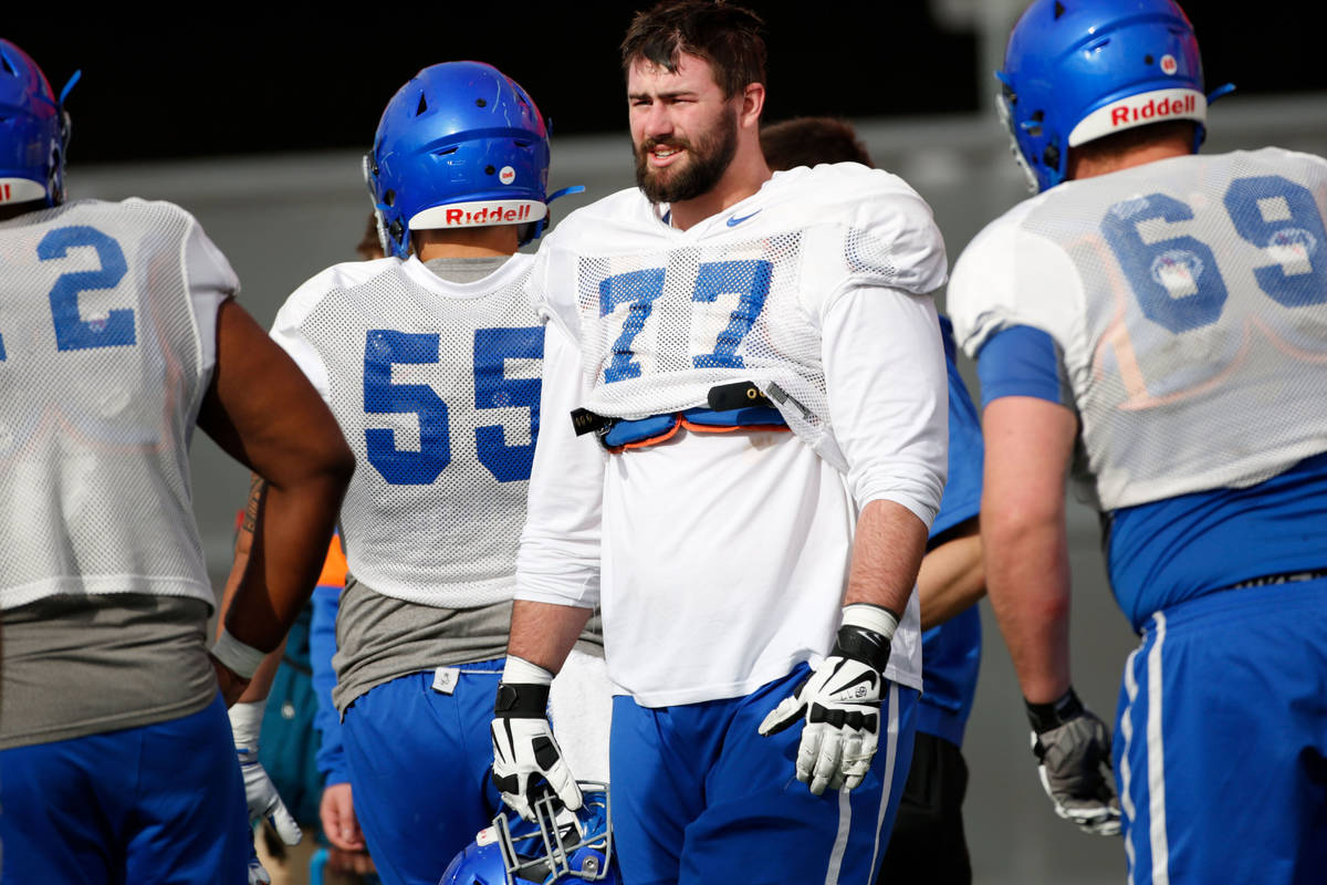 Boise State Broncos offensive lineman John Molchon (77) is seen during a football practice in L ...