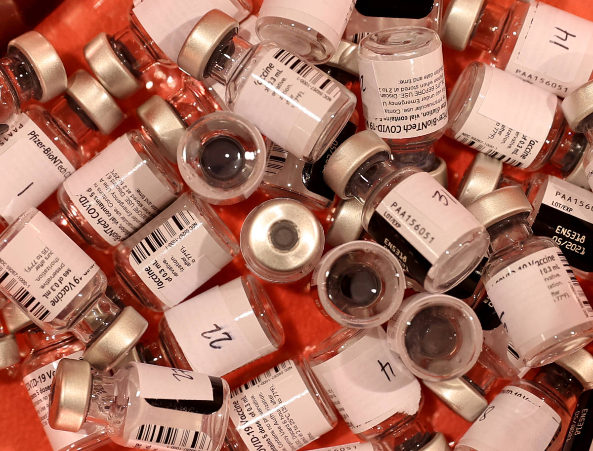 Pfizer vaccine vials at the Cashman Center COVID-19 vaccination site in Las Vegas, Thursday, Fe ...