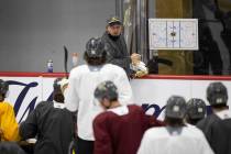 Vegas Golden Knights assistant coach Steve Spott speaks to his team during a practice at City N ...